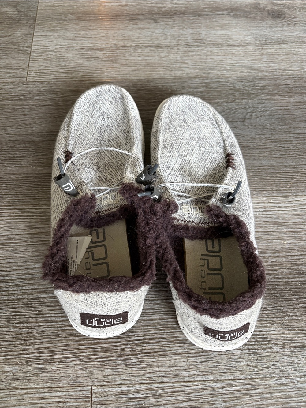 Hey Dude Cream Knit Slip-On Flats with Dark Brown Fleece Trim